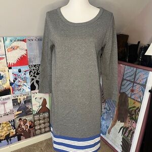 GAP Gray Long Sleeve Knit Shift Dress with Blue and White Hem